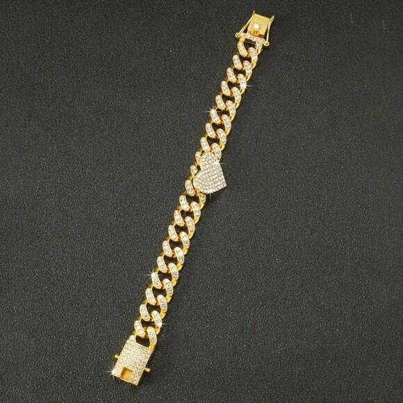 Beautiful Iced Out Yellow Gold Plate Heart Bracelet - Picture 3 of 3